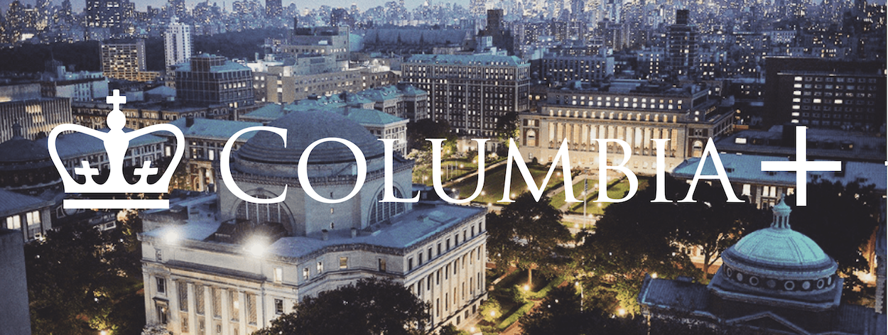 Panoramic night shot of Columbia University campus in NYC with Columbia+ logo superimposed. 